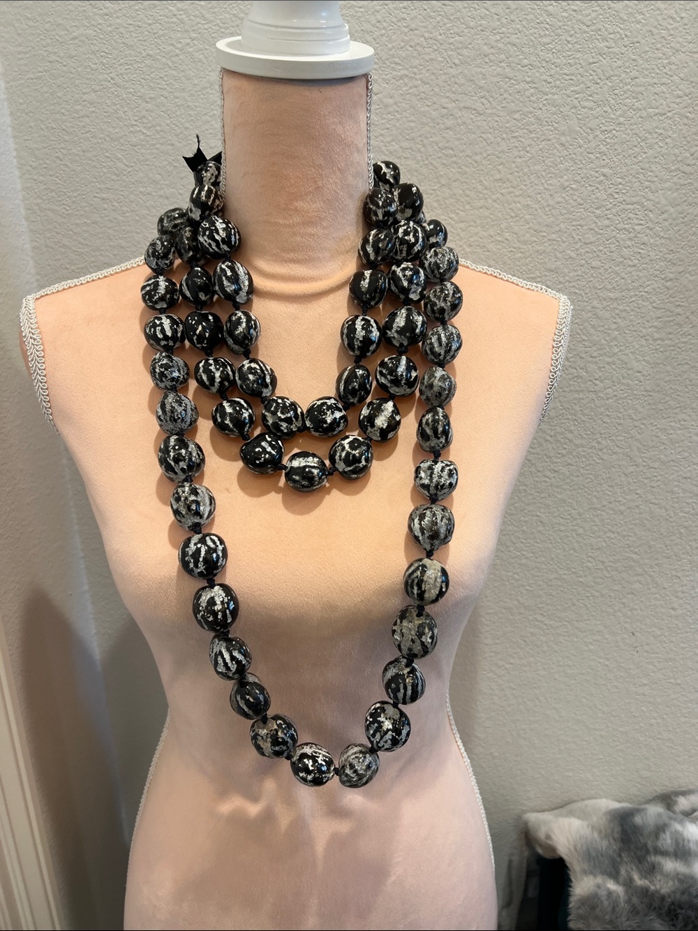 Painted and Distressed Kukui Nut Lei Necklace - Tiger Black and White. 32 nuts